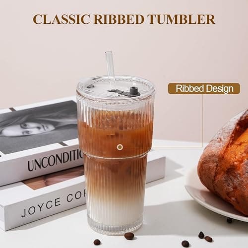 LUXULISH 20Oz Ribbed Glass Tumblers with Lids and Straws, Vintage Glass Cups Thickened Drinking Glasses Set of 4, Ideal for Iced Coffee, Smoothies, Cocktails, Matcha and Juices thumbnail 4