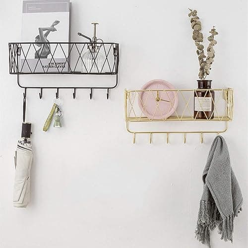 YCOCO Wall Key Holder, Decorative Metal Wire Mesh Mail Storage Basket with 6 Hooks for Letters, Keys, Dog Leashes - Easy to Organize Entryway and Hallway thumbnail 4