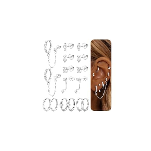 Dochais Hypoallergenic Flatback Stud Hoop 14K Gold Plated Earrings Stacks - Surgical Stainless Steel Earring Set Chain Cartilage Earrings - Small Ear Piercing Flat Back Earring for Women Trendy - Image 1