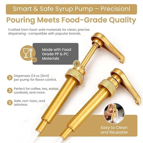 Syrup Pump for Coffee Syrup Bottles – 4-Pack Dispenser Pumps Fits 750ml / 25.4 oz Flavoring Syrup Bottles – Compatible with Torani & More – Gold Coffee Syrup Dispenser Pump for Home & Cafe Use. thumbnail 2