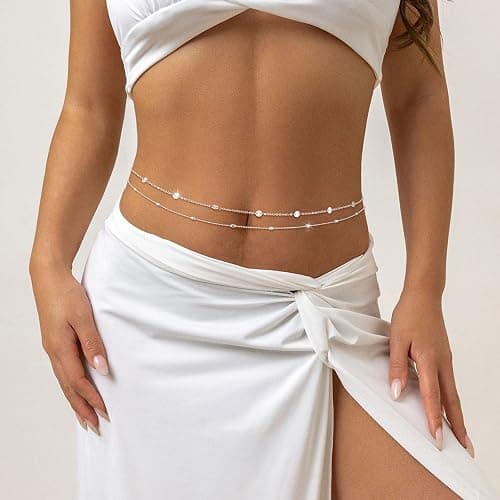 Relveo 2PCS Gold Silver Waist Chain Adjustable Layered Belly Chain Body Chain Jewelry for Women Sexy Bikini Beach Boho Pearl Beaded Cuban Satellite Waist Chains thumbnail 2
