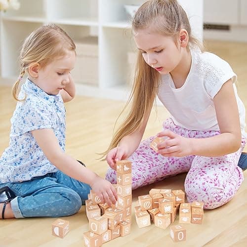 AXEARTE Alphabet Letters Stacking Blocks, 26 Wooden ABC Building Blocks for Toddlers, Number, Animals Icons on Every Side, Preschool Learning Educational Toys Montessori Sensory Toys for Kids thumbnail 2