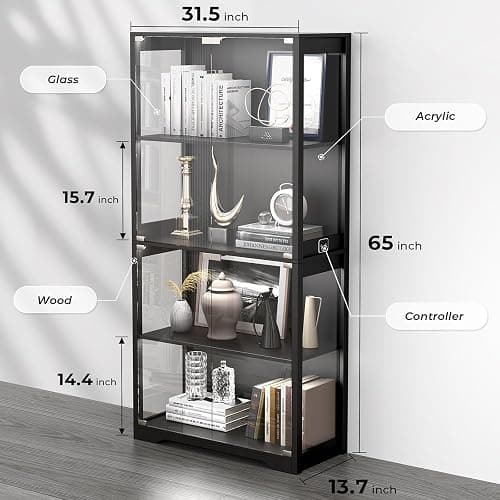 BROTTAR Display Cabinet with Glass Doors, 4-Tier Curio Cabinet with 3 Color Lights for Collectibles, Glass Display Case with Human Body Sensor, Bookcase with 4 Shelves, Storage Cabinets, Black thumbnail 2