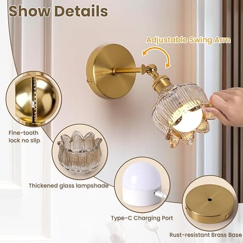 Vintage Battery Operated Wall Sconces: Set of 2 Rechargeable Wireless Decor | 5000mAh Cordless Dimmable Lights Remote Control, Antique Brass Powered Sconce, Cognac Flower Glass Light for Bedroom Bedside thumbnail 5