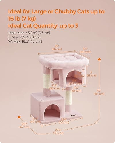 Feandrea Cat Tree, 33.1-Inch Cat Tower, Plush Condo for Large Cats up to 16 lb, Large Perch, 2 Caves, Scratching Post, Jelly Pink UPCT061P01 thumbnail 6