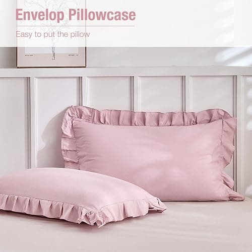 Lekesky Ruffle Duvet Cover Queen Size, Farmhouse Shabby Chic 3 Pieces Washed Microfiber Pink Girls Bedding Set, Soft Aesthetic Queen Comforter Cover with Ruffled Edges, Zipper & Corner Ties thumbnail 6