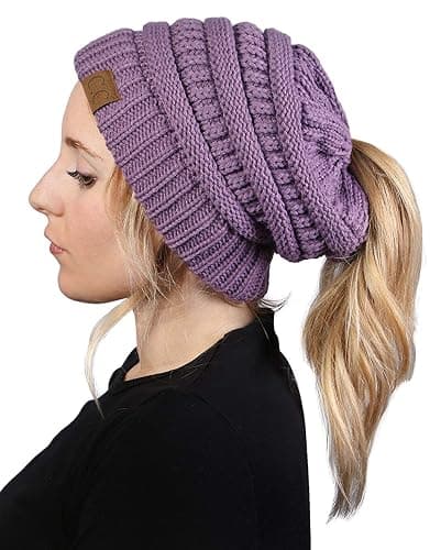 Funky Junque Ponytail Beanie for Women - Winter Ponyback Hat Soft Stretch Cable Knit High Pony Tail Womens Running Hats thumbnail 2