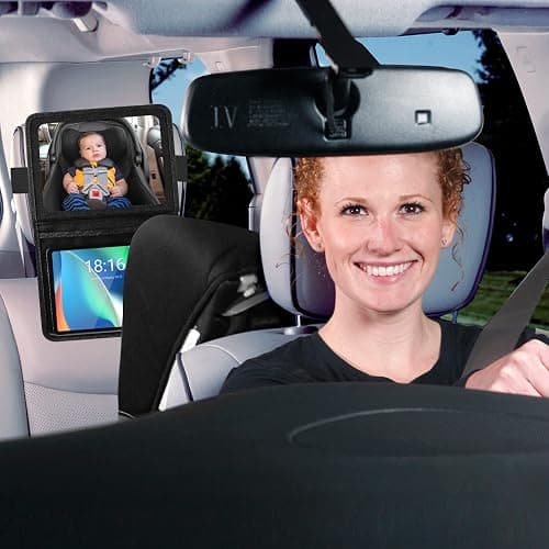 Brislut Baby Car Mirror with Adjustable Tablet Holder, Road Trip Essentials for Kids, Backseat Mirror to See Rear Facing Infant, Ipad Case for Car Headrest thumbnail 4