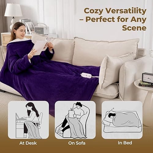 Kozyus Wearable Heated Blanket with Foot Pocket & Sleeves, Electric Blanket Heated Robe for Women & Men, 5 Heat Settings, 3H Auto-Off, Machine Washable, ETL Certified, Gift-Ready, 50x70 inches, Purple thumbnail 6