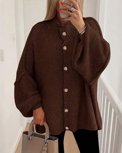 BTFBM Cardigan Sweaters for Women 2025 Fall Clothes Lantern Long Sleeve Button Open Front Chunky Knit Oversized Sweater thumbnail 2