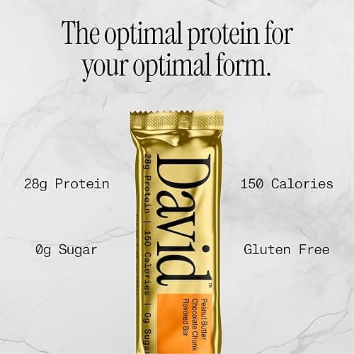 David High Protein Bars No Sugar - Sugar Free Protein Bars, Low Carb, Gluten Free - 28g of Protein, 150 Calories - David Bar On-The-Go Snack - Peanut Butter Chocolate Chunk Flavor, Pack of 12 thumbnail 3