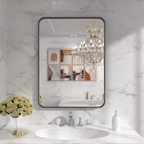 LOAAO Black Metal Framed Bathroom Mirror for Wall, 22X30 Inch Rounded Rectangle Mirror, Matte Black Bathroom Vanity Mirror Farmhouse, Anti-Rust, Hangs Horizontally or Vertically thumbnail 7