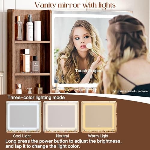 Large Vanity Desk with 3 Color Touch Screen Dimming Mirror, Vanity Desk with Charging Station, Modern Retractable Makeup Dressing Table, Makeup Table With storage shelves and 5 Sliding Drawers, Walnut thumbnail 5
