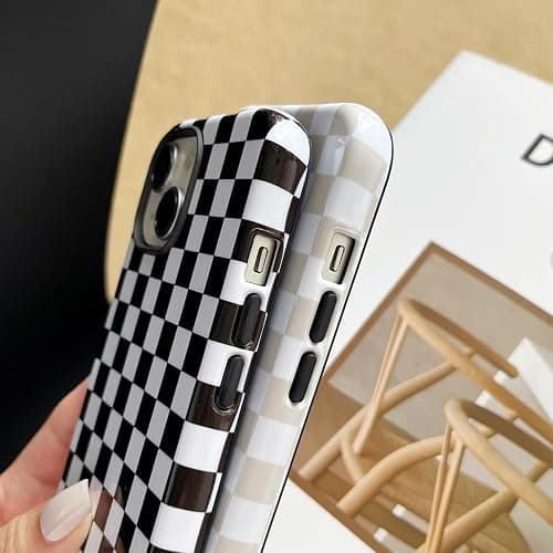 Longlayss Compatible with iPhone 13/14 Case Cute Aesthetic Checkerboard Checkered Phone Case for Women Girl Shockproof Slim TPU and Hard PC Protective Cover (Antique White) thumbnail 4