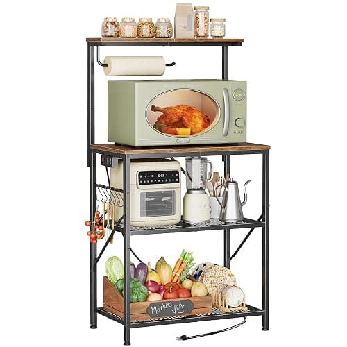 Huuger 4-Tier Bakers Rack with Reversible Power Outlet, 23.6 Inch Microwave Stand, Kitchen Coffee Bar, with Top Shelf, 6 S Hooks, Rustic Brown - Image 1