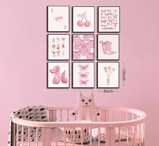 Ucninvd Pink Bow Wall Art Posters Set of 9 Trendy Coquette Preppy Wall Decor Paintings Disco Ball Girly Room Decor Aesthetic Canvas Pictures Prints for Bathroom Living Room Dorm 8x10Inch Unframed thumbnail 3