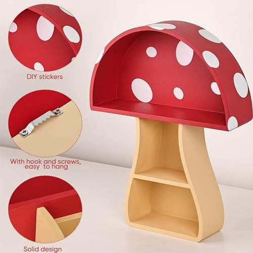 Fungi Fun Floating Mushroom Shelf, Fun & Whimsical Wall Decor for Nursery, Bedroom, Kitchen & Bathroom, Unique Wall Shelves for Living Room - Adorable Mushroom Stuff & Room Decor, Ideal for Gifts thumbnail 6