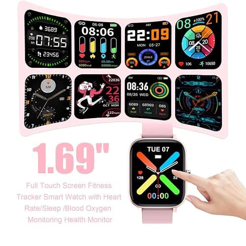 Smart Watch for Men Women Compatible with iPhone Samsung Android Phone 1.69 inch Full Touch Screen IP68 Waterproof Bluetooh Fitness Tracker Heart Rate/Sleep Monitor (Pink) thumbnail 2