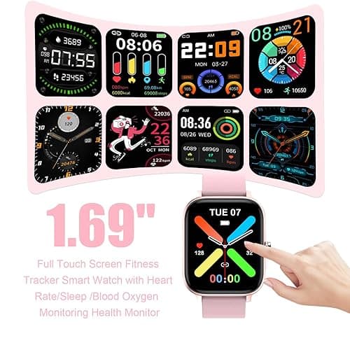 Smart Watch for Men Women Compatible with iPhone Samsung Android Phone 1.69 inch Full Touch Screen IP68 Waterproof Bluetooh Fitness Tracker Heart Rate/Sleep Monitor (Pink) - pink thumbnail 2