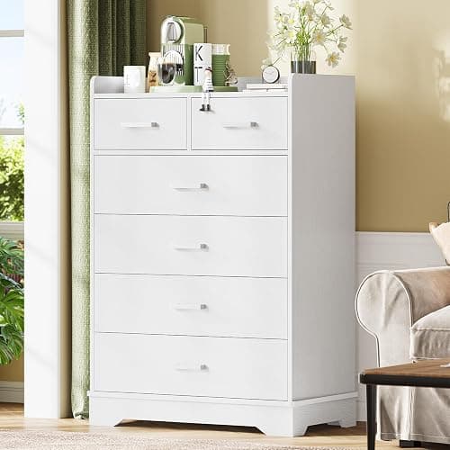 Hasuit White 6 Drawer Dresser, Wooden Storage Chest of 6 Drawers, Vertical Large Capacity Clothing Storage Organizer, Tall Dressers for Bedroom, Hallway, Entryway thumbnail 8