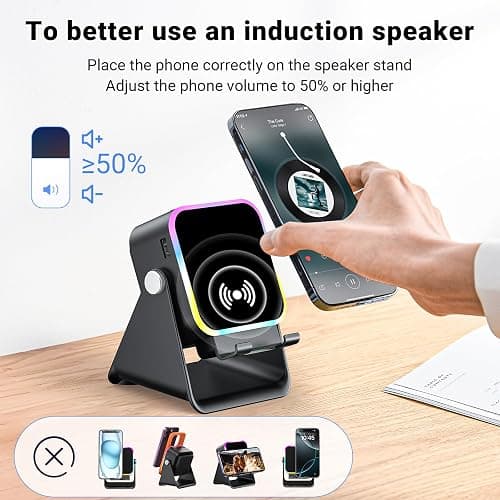 Induction Speaker with Phone Stand 5 in 1 Wireless Induction Bluetooth Audio for iPhone Android Phone Speakers Amplifier with Rechargeable Colorful Light, Birthday Gifts for Men Women Teens (Black) thumbnail 7