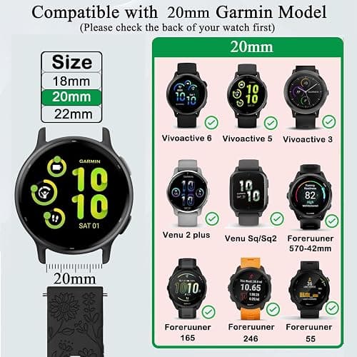 TUCOMO 5 Pack Floral Engraved Watch Bands Compatible with Garmin Vivoactive 6/Vivoactive 5/3/3 Music, 20mm Soft Silicone Sport Wristband Straps for Garmin Venu SQ/Forerunner 55/165/245 Women thumbnail 3