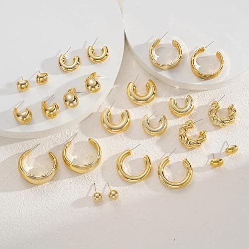 12 Pairs Chunky Gold Hoop Earrings for Women Trendy, Gold Plated Lightweight Hypoallergenic Stack, Thick Open Twisted Huggie Hoops Earring Set thumbnail 9