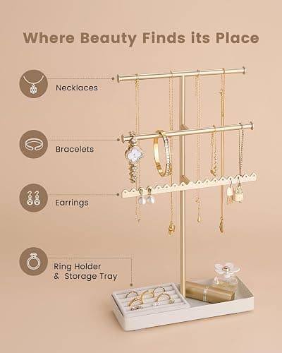 Lolalet 3-Tier Jewelry Organizer Stand, Metal Jewellery Holder, Dresser Display Rack for Necklace Earring Bracelets Rings, Gift for Women Girls -Gold thumbnail 7