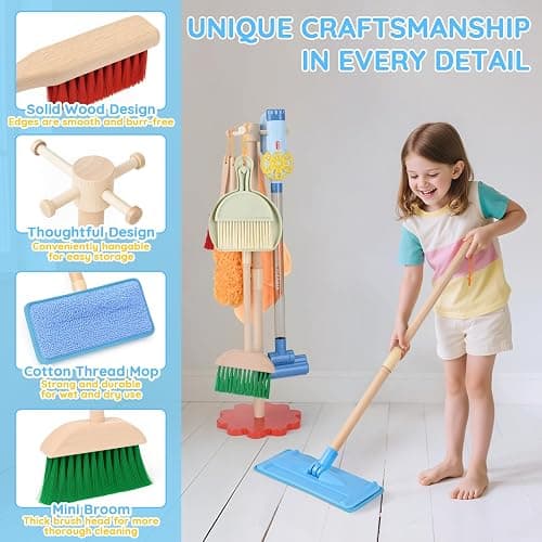 Dreamon Wooden Toddler Cleaning Set - 11Pcs Kids Cleaning Toy Set with 3-in-1 Kids Vacuum That Really Works, Montessori Cleaning Toys with Broom and Mop Set for Toddlers Girls Boys Age 3-6 thumbnail 6