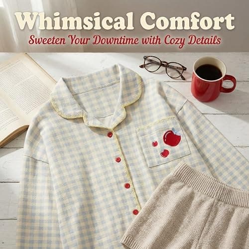 Neglance Cute Gingham Pajama Sets Women Girls Soft 2 Piece Sleepwear Long Sleeve Loungewear with Apple Embroidery Daily Wear thumbnail 7