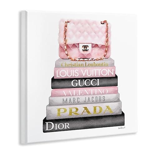 Stupell Industries Watercolor High Fashion Bookstack Padded Pink Bag Wall Plaque Art, 12 x 12, Pink, for Bedroom thumbnail 3