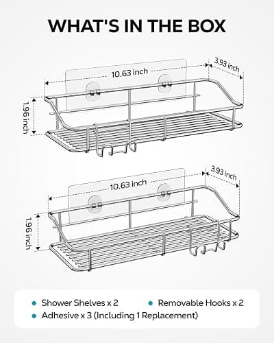 Nieifi Shower Caddy Shelf Storage Rack Adhesive Without Drilling Stainless Steel with Hooks for Washroom, Lavatory, Restroom, Toilet, Bathroom, Kitchen - 2 Pack thumbnail 2