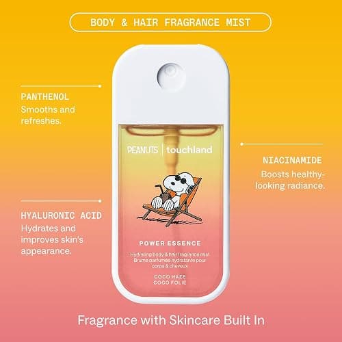 Touchland x Peanuts Body & Hair Hydrating Fragrance Mist Travel Size | TSA ready spray. Tropical scent of grapefruit, magnolia, coconut & sandalwood. Hydrates and refreshes skin and hair. thumbnail 4