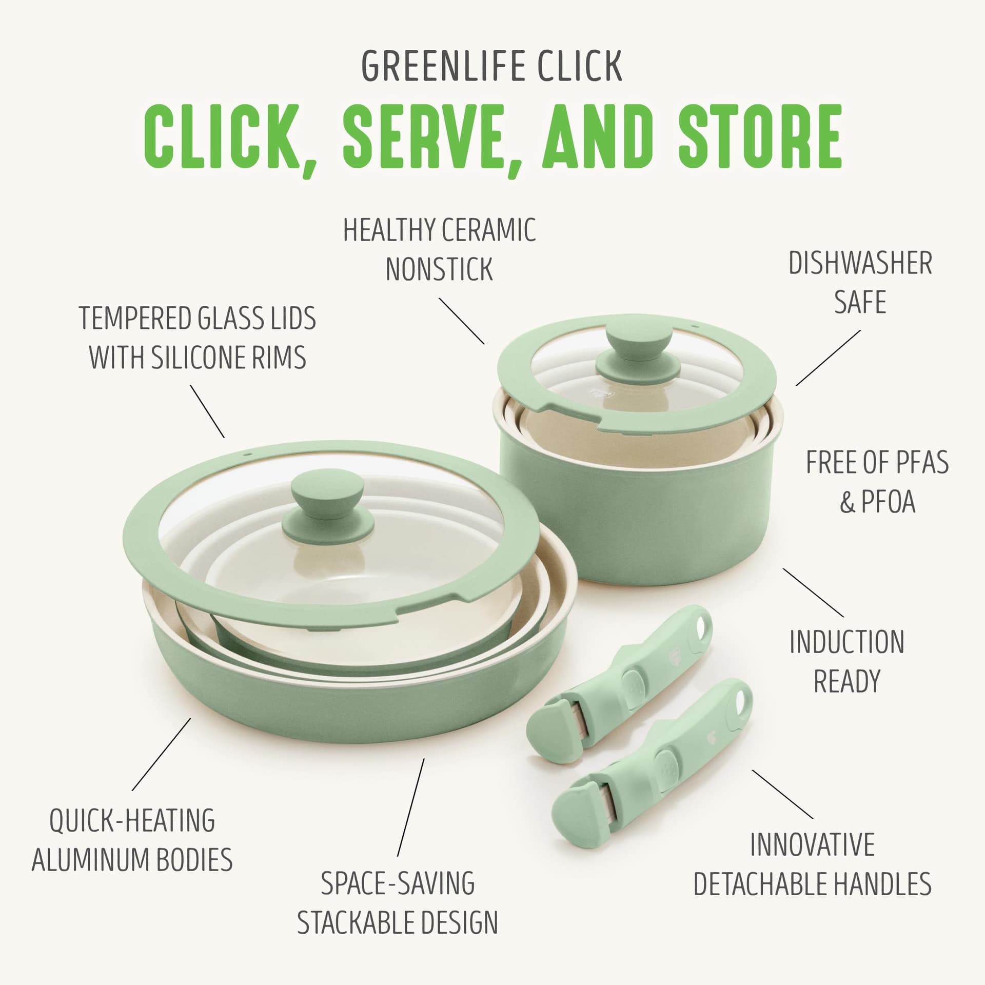 GreenLife Click 10-Piece Ceramic Nonstick Cookware Set, Detachable Handle, Stackable Space Saving Kitchen Essential, Non Toxic PFAS-Free Pots & Pans, Induction & Oven Safe, Glass Lid, Sage Green thumbnail 8