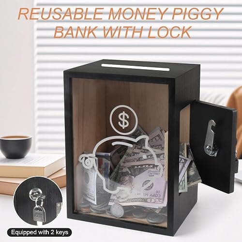 Mczxon Clear Piggy Bank with Lock, Large Money Saving Jar Money Bank Box Container for Cash Saving, Openable Clear Money Coin Change Bank Jar Container Penny Piggy Jar Bank for Adults Kids, Black thumbnail 3