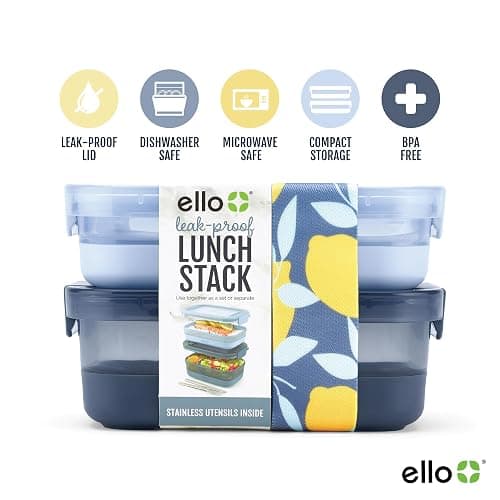 Ello 2-Pack Lunch Stack Plastic Food Storage Container Bento Box with Airtight, Leak-Proof Locking Plastic Lids and Silicone Base, BPA-Free, Freezer, Microwave, and Dishwasher Safe, Blueberry thumbnail 3