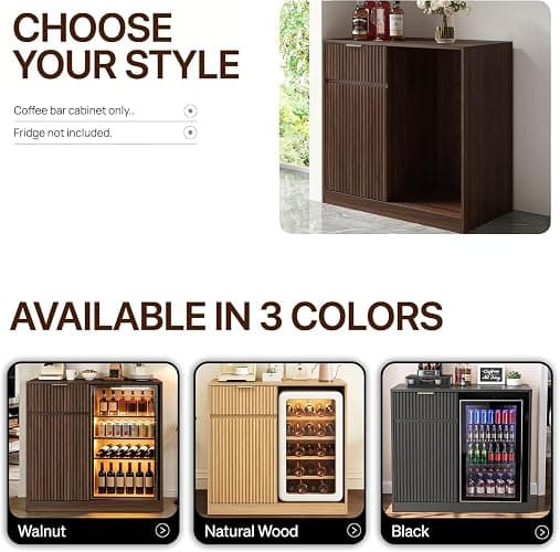 Mini Fridge Cabinet with Power Outlet, Coffee Bar Cabinet with Fridge Space & Wine Glass Rack, Fluted Buffet Sideboard with Drawer & Adjustable Shelf, Home Bar Cabinet for Living, Dining Room Kitchen thumbnail 7