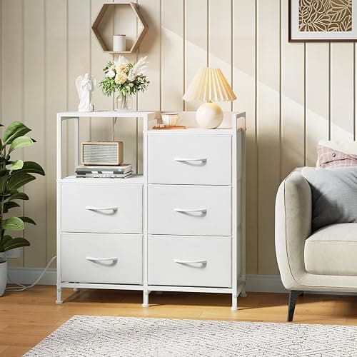 Somdot White Nightstand with Charging Station and LED Light, Wide 5 Drawers Dresser for Bedroom with Fabric Bins and Open Shelf for Bedroom Kids Closet Dorm Guest Room, White Leather thumbnail 2