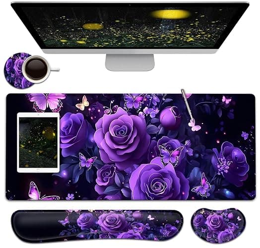 Large Mouse Pad + Keyboard Wrist Rest Set, Extended Gaming Mousepad (31.5X11.8 inch) with Non-Slip Rubber, Ergonomics Memory Foam Mouse Wrist Rest Support, Purple Flowers Painting XXL Desk Pad - Image 1