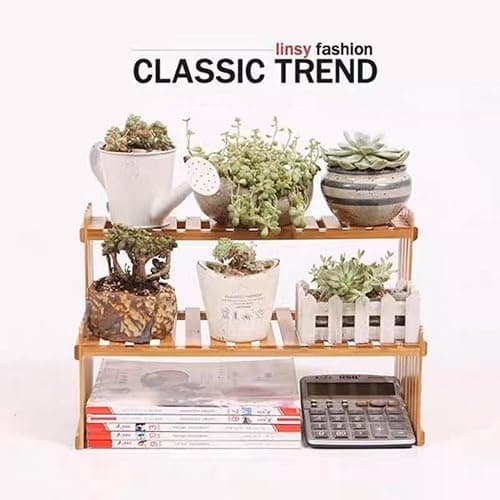 14.6"/10.8"/18.5"/22.8" 2 Tiers Bamboo Plant Stand Shelf,Desk Flower Pot Holder ,Adjustable Desktop Shelf Display Organizer Ladder Rack For Office Decorate Desk Shelving Storage Rack,Kitchen rack thumbnail 6