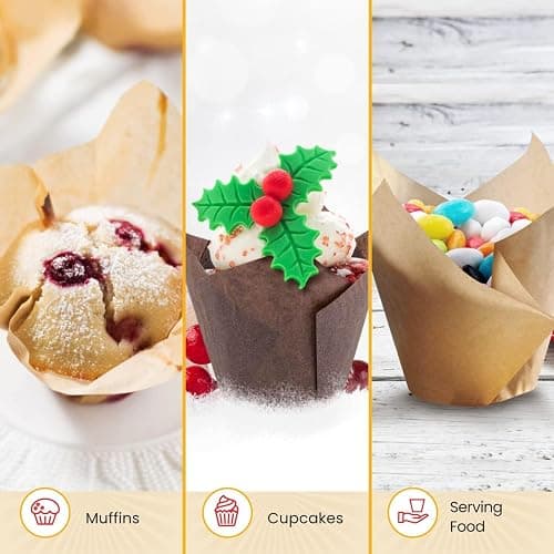 Tulip Cupcake Liners, Muffin Liners for Baking by Baker’s Signature 200pcs of Parchment Paper Cups Cupcake Wrappers – Perfect Size, Sturdy, Greaseproof & Easy to Use – Beige White Brown thumbnail 6