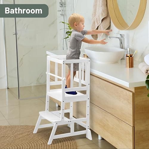 COSYLAND Kids Kitchen Step Stool, Height Adjustable Toddler Standing Tower Nursery Helper with CPC & FSC Certification, Removable Safety Railing Enjoys Exclusive Paten，White thumbnail 7