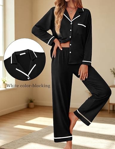 Ekouaer Womens Pajama Sets Long Sleeve Button Down Lounge Sets with Pockets | Fall Pajamas, Soft Sleepwear, 2 piece Loungewear, Notch Collar, Shirts and Pants, Maternity Set, Bridal Pjs thumbnail 4