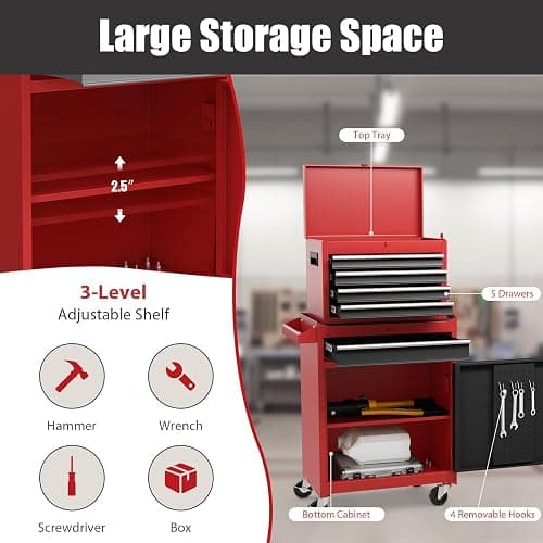IRONMAX Rolling Tool Chest, Lockable 5-Drawer Tool Cabinet w/Side Slot & Universal Wheels, 2 in 1 Detachable Tool Box Storage Organizer for Garage Workshop Auto Shop thumbnail 4