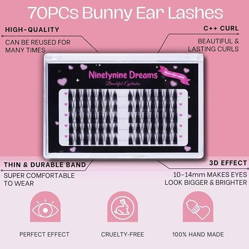 Ninetynine Dreams 70PCs Bunny Ear Lashes Manhua Anime DIY Spiky Lash Clusters 10-14mm C++ Curl Beginner Friendly Lightweight & Reusable Individual Waterproof Dramatic Eyelashes Thin Comfortable Band thumbnail 5