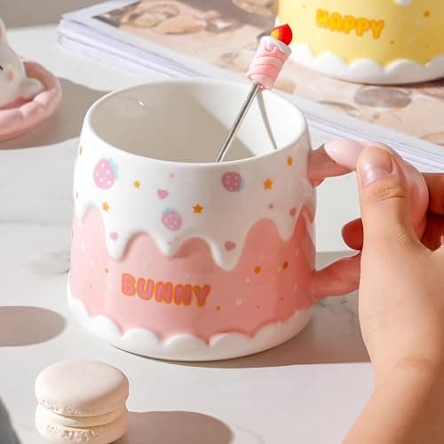 GawmFoiuy Adorable Cake Ceramic Coffee Mug - Elegant Birthday Gift for Women and Girl, Cute Rabbit Cup with Sweet Design, Perfect Present for Her Daily Tea & Coffee(Model A) thumbnail 2