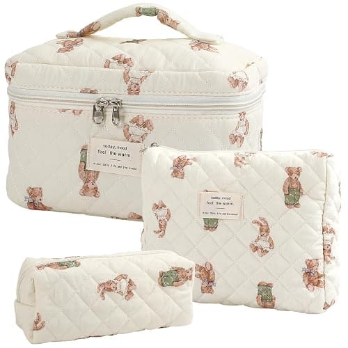 YINGJEE Large Quilted Makeup Bag for Women and Girls, Cute Coquette Floral Cotton Cosmetic Bag, Aesthetic Travel Organized Toiletry Bags (06-beige bears) - Image 1