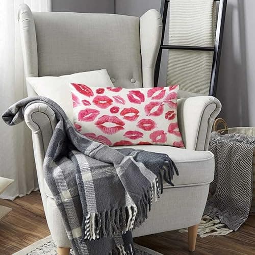 TKS MITLAN Lips Prints Throw Pillow Case Cushion Cover Kiss Lipstick Mouth Red Smooch Linen Couch Bed Sofa Car Waist Cushion Cover 12 x 20 inch - 20" x 12" (Pack of 1) - Lips Prints thumbnail 2