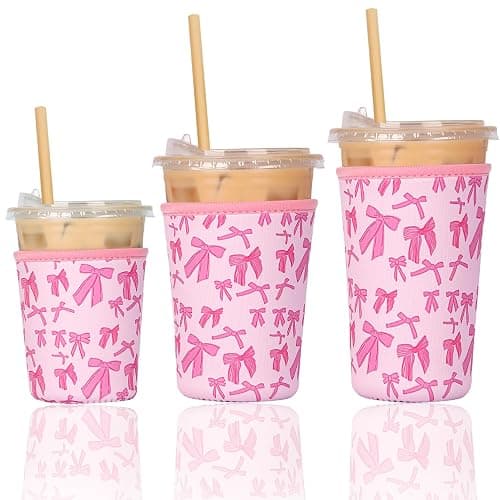 Reusable 3-Pack Iced Coffee Cup Sleeve, Insulated Neoprene, Beverage Holder for Iced Coffee, Durable Drink Sleeve for Cold Beverages, Pink Bows - Image 1