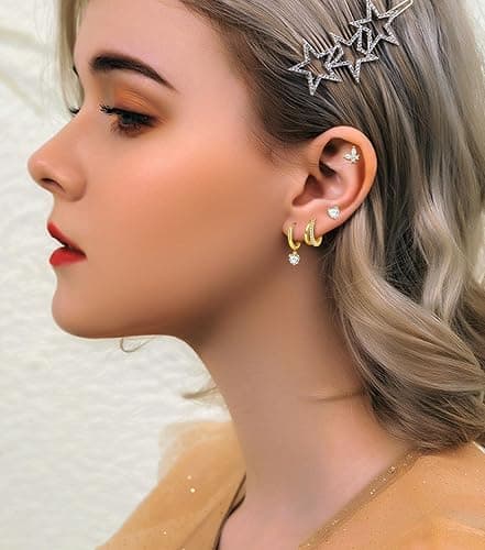 14K Gold Plated Flat Back Earrings & Hoops Set - 16 Pairs Hypoallergenic Cartilage Studs & Mini Hoops for Women | Threadless Push-in Design, Tiny Star, Moon, Heart, CZ Studs & Chunky Hoops thumbnail 5